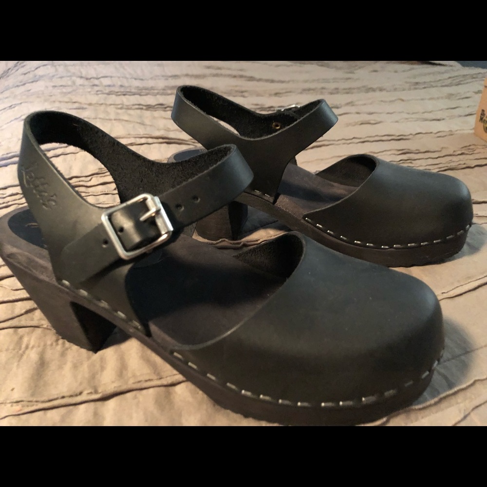 Black high heel clogs
